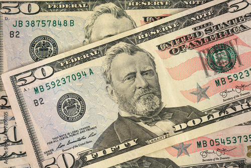 Dollar USA close-up. USA banknote texture. Fifty American dollars. $ 50.