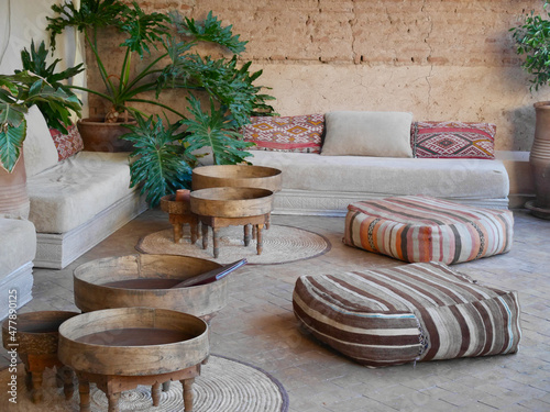 Marrakech, Morocco, 24.10.2021. Lounge are of rooftop terrace at a traditional riad. photo