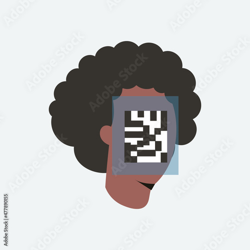 Man's face with QR code of the Covid vaccine or digital vaccination certificate. Portrait of faceless man with qrcode. Vaccinated person with barcode health passport. Flat vector cartoon illustration