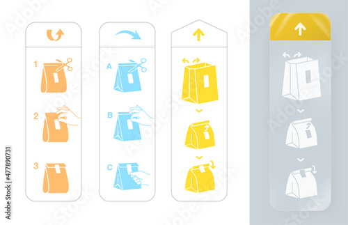 Self-adhesive label for opening and closing packaging. The illustration is made in a single colorful style, for maximum printing efficiency. Ideal for use in printing, promo, packaging. EPS10.
