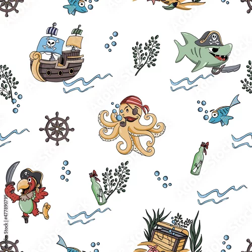 Obraz Seamless pattern fabric for kids - cute pirate. Texture background. Bezszwowy dziecinny wzór piracki