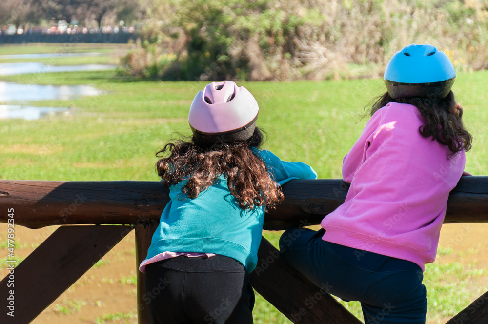 Unrecognizable two little girls, with bicycle helmets, dressed in pink and light blue, and in the background the ecological reserve of Puerto Madero. Concept of lifestyle and sports.