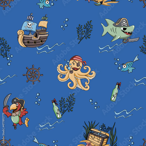 Seamless pattern fabric for kids - cute pirate blue. Texture background. Bezszwowy dziecinny wzór piracki niebieski. 