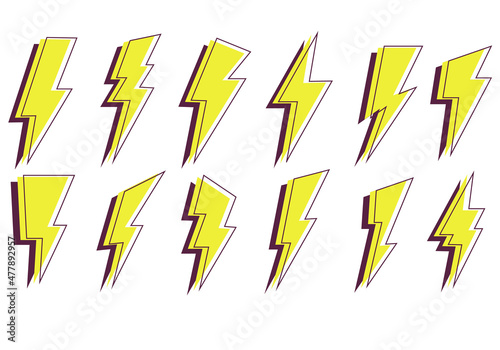 Lightning icons set. Set of yellow lightning bolt with black contour. Symbol energy and thunder  electricity. Flash emblem Isolated stock vector illustration