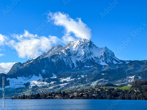 Mount Pilatus on a Clear Day with Blue Lake Lucerne Switzerland