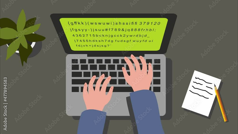 hand-drawn animation. the programmer's hands write code in a laptop. top view.