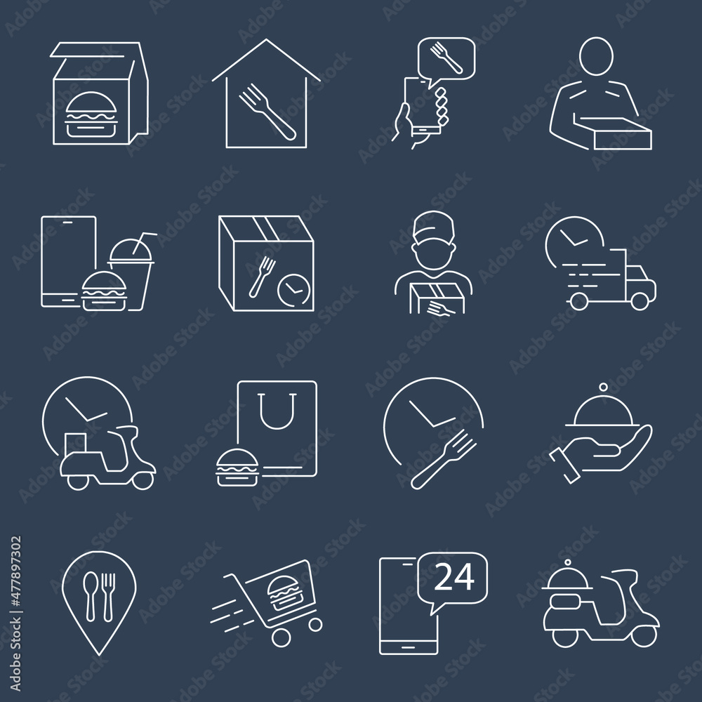Food Delivery icons set. Food Delivery pack symbol vector elements for infographic web Food Delivery icons set. Food Delivery pack symbol vector elements for infographic web