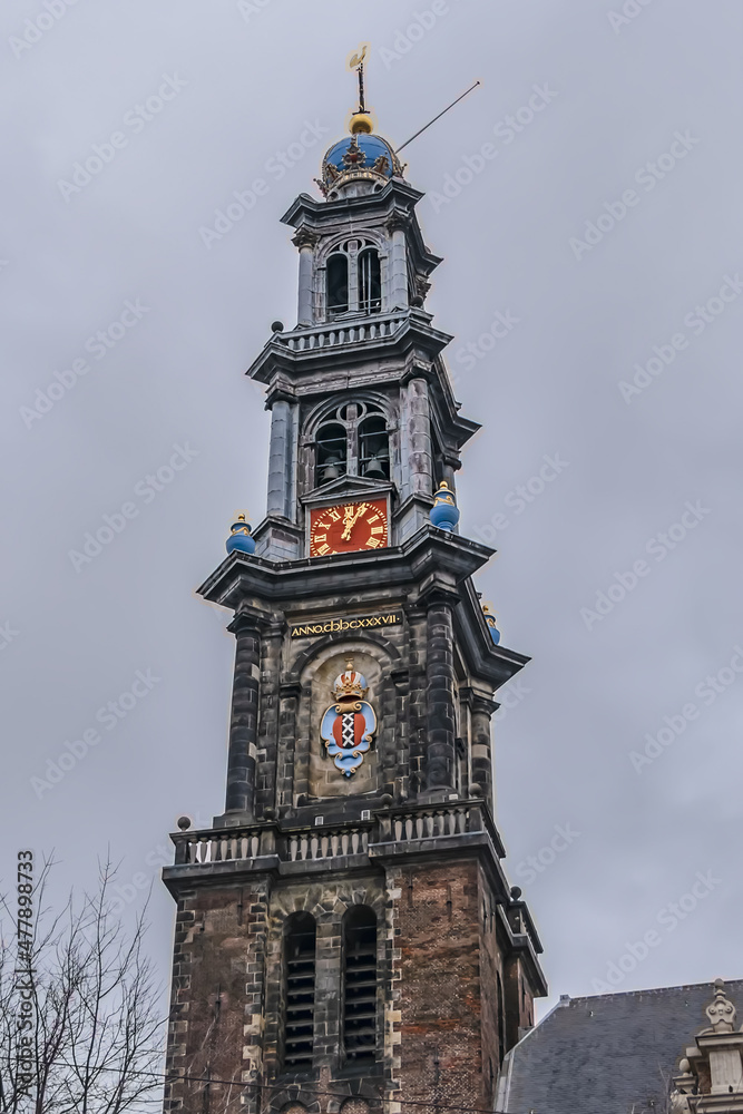 Western Church (Westerkerk, 1620 - 1631) - a Dutch Protestant church in Amsterdam. It lies in the most western part of the Grachtengordel neighborhood. Amsterdam, The Netherlands.