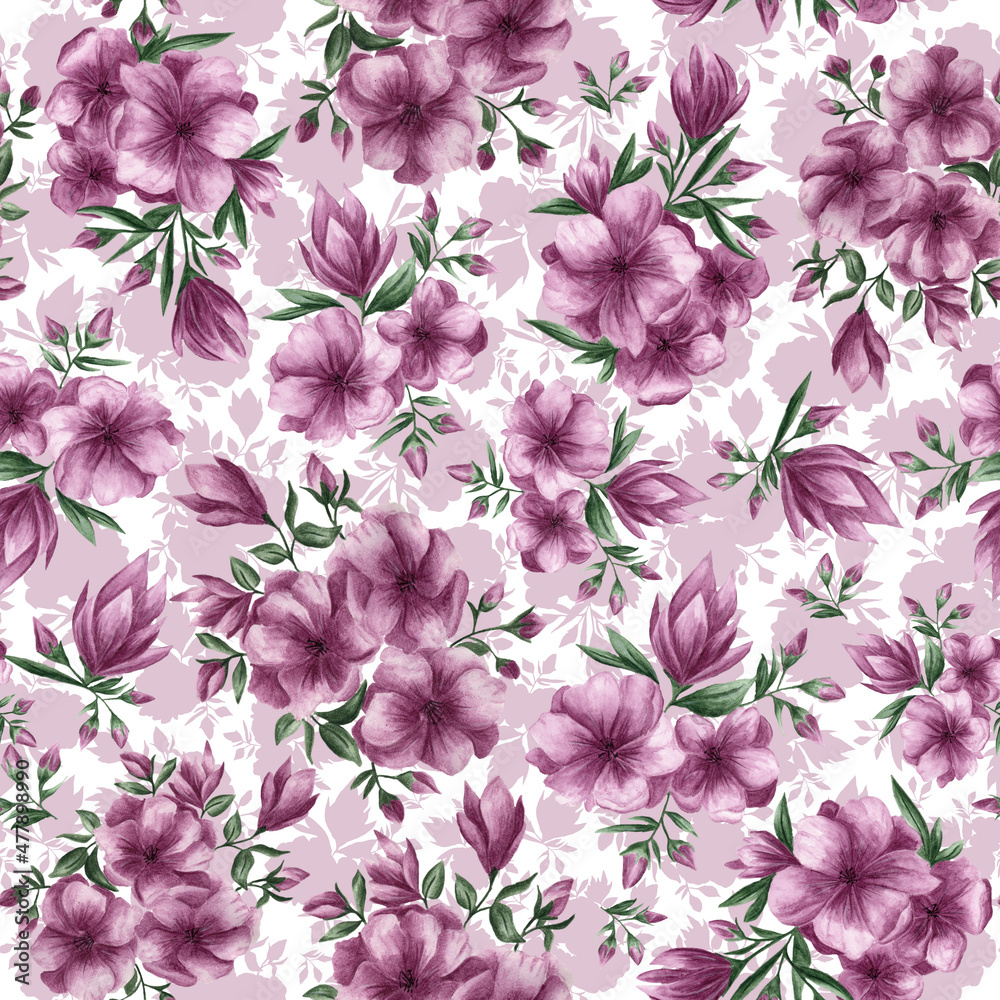 seamless pattern fabric background pink flower watercolor bezszwowy wzór kwiatowy 