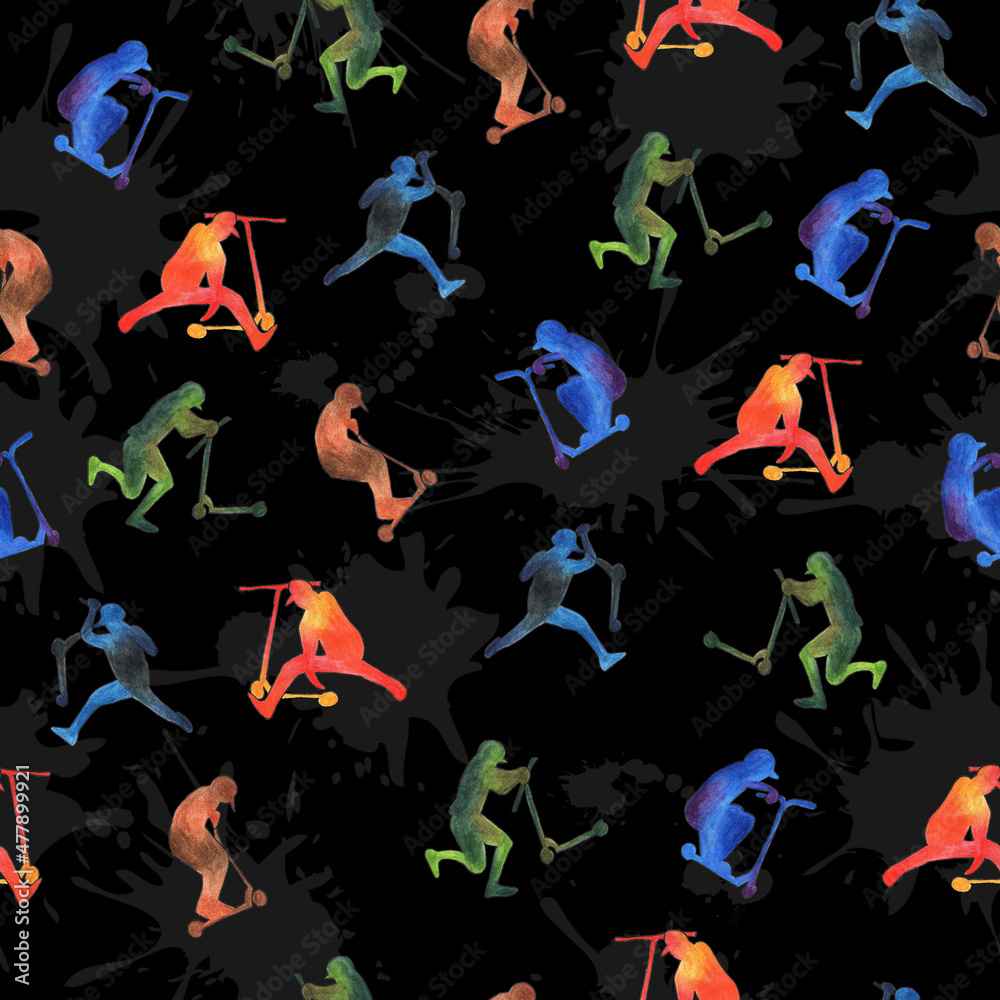 seamless pattern fabric background color scooter bezszwowy wzór hulajnoga sport - obrazy, fototapety, plakaty 