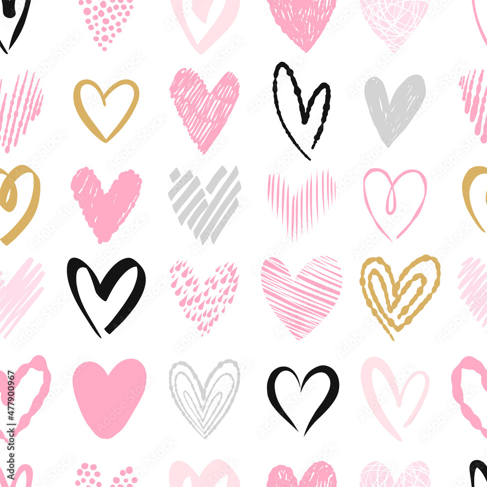 Abstract simple pink and gold hand drawn hearts. Love seamless pattern Abstract simple pink and gold hand drawn hearts. Love seamless pattern