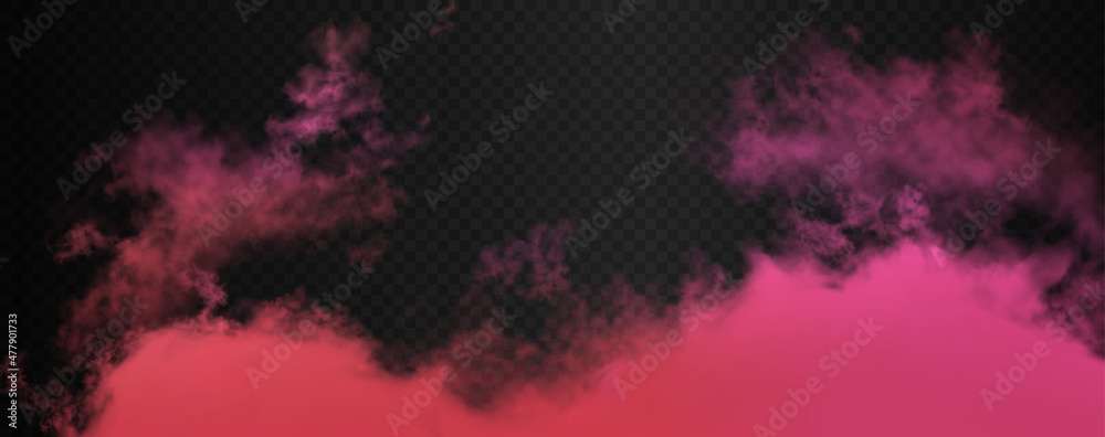 Fototapeta premium One realistic magenta smoke cloud isolated on dark semi transparent background. Gradient rose color fog vector illustration for banners, backdrops