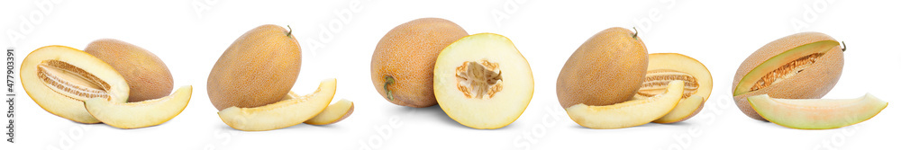 Set with delicious ripe melons on white background. Banner design Set with delicious ripe melons on white background. Banner design