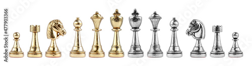 Foto Set with golden and silver chess pieces on white background