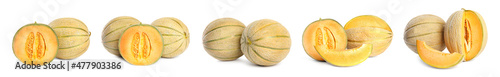 Set with delicious ripe melons on white background. Banner design