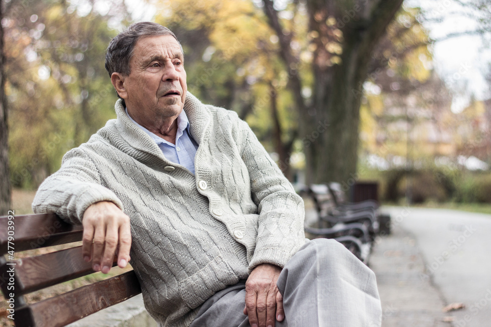 Fototapeta premium Portrait of a pensive senior man sitting on the bench, in the public park, outdoors. Old man relaxing outdoors and looking away. Portrait of elderly man enjoying retirement