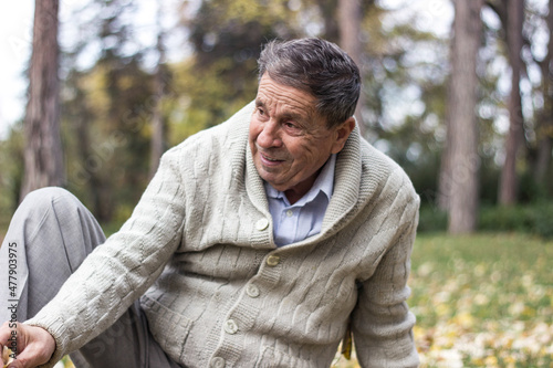 Fototapeta Naklejka Na Ścianę i Meble -  Portrait of happy senior man smiling, in the public park, outdoors. Old man relaxing outdoors and looking away. Portrait of elderly man enjoying retirement