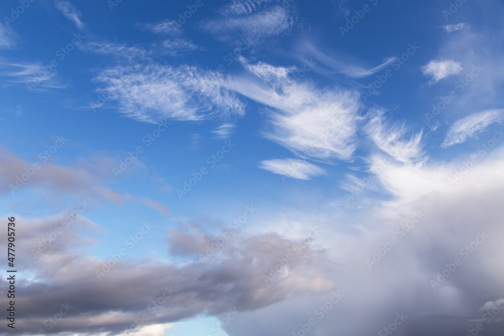 Beautiful blue sky with white and grey cirrus clouds abstract background texture
Beautiful blue sky with white and grey cirrus clouds abstract background texture