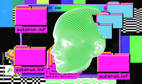 3D low-polygonal model of a human head on a pixelated and glitchy background. Conceptual illustration of Artificial intelligence.