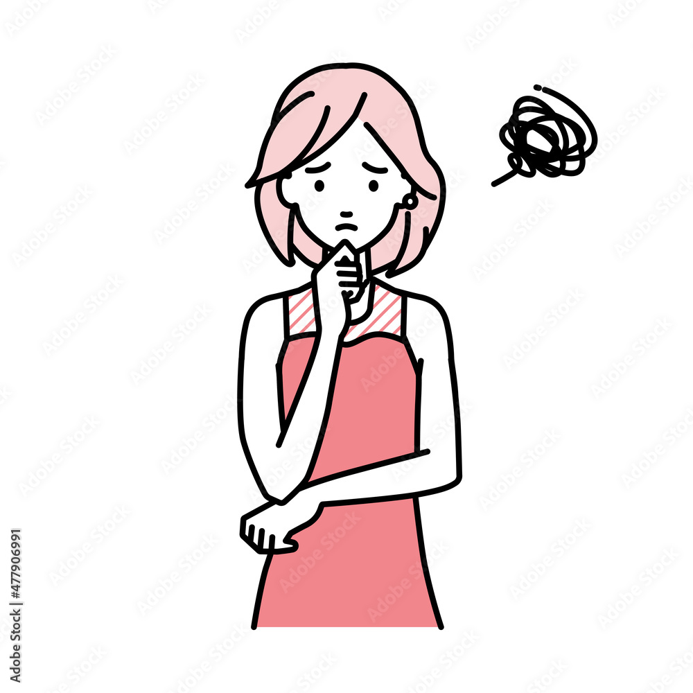 立って手をあごにあてて困っているドレスの女性 立って手をあごにあてて困っているドレスの女性