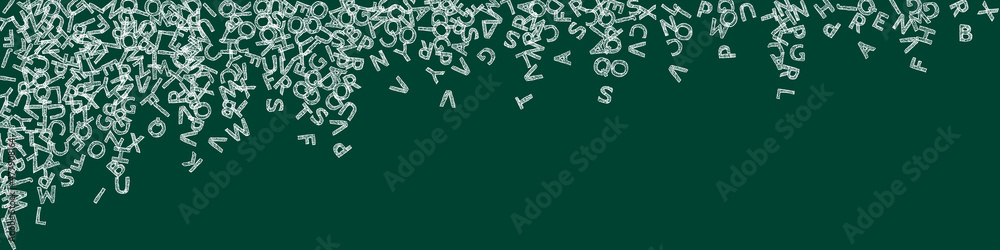 Falling letters of English language. Chalk sketch flying words of Latin alphabet. Foreign languages study concept. Sightly back to school banner on blackboard background. Falling letters of English language. Chalk sketch flying words of Latin alphabet. Foreign languages study concept. Sightly back to school banner on blackboard background.