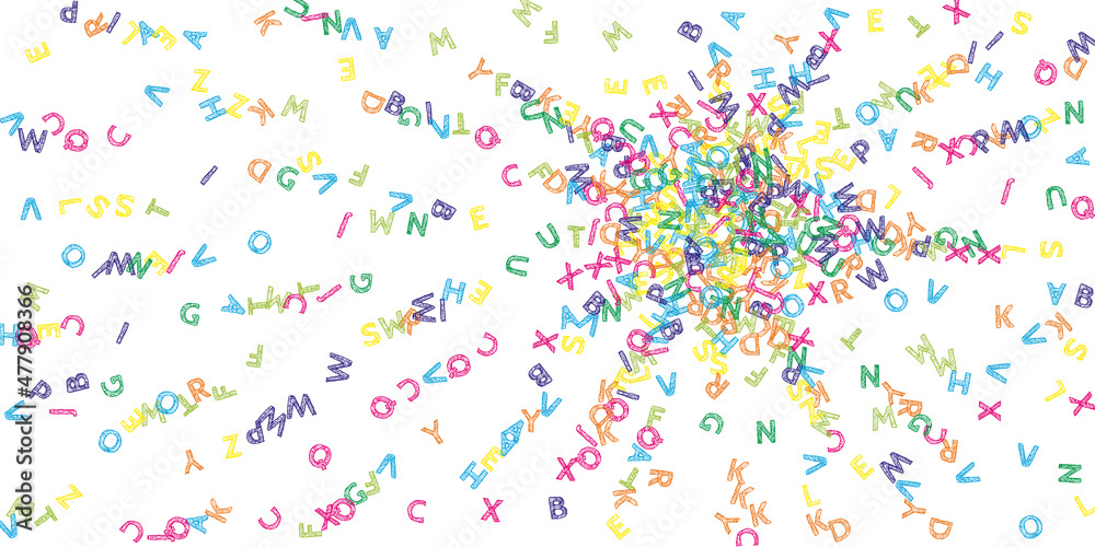 Falling letters of English language. Colorful sketch flying words of Latin alphabet. Foreign languages study concept. Unequaled back to school banner on white background. Falling letters of English language. Colorful sketch flying words of Latin alphabet. Foreign languages study concept. Unequaled back to school banner on white background.