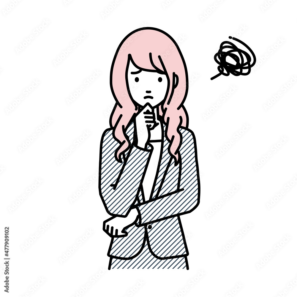 立って手をあごにあてて困っているスーツの女性 立って手をあごにあてて困っているスーツの女性