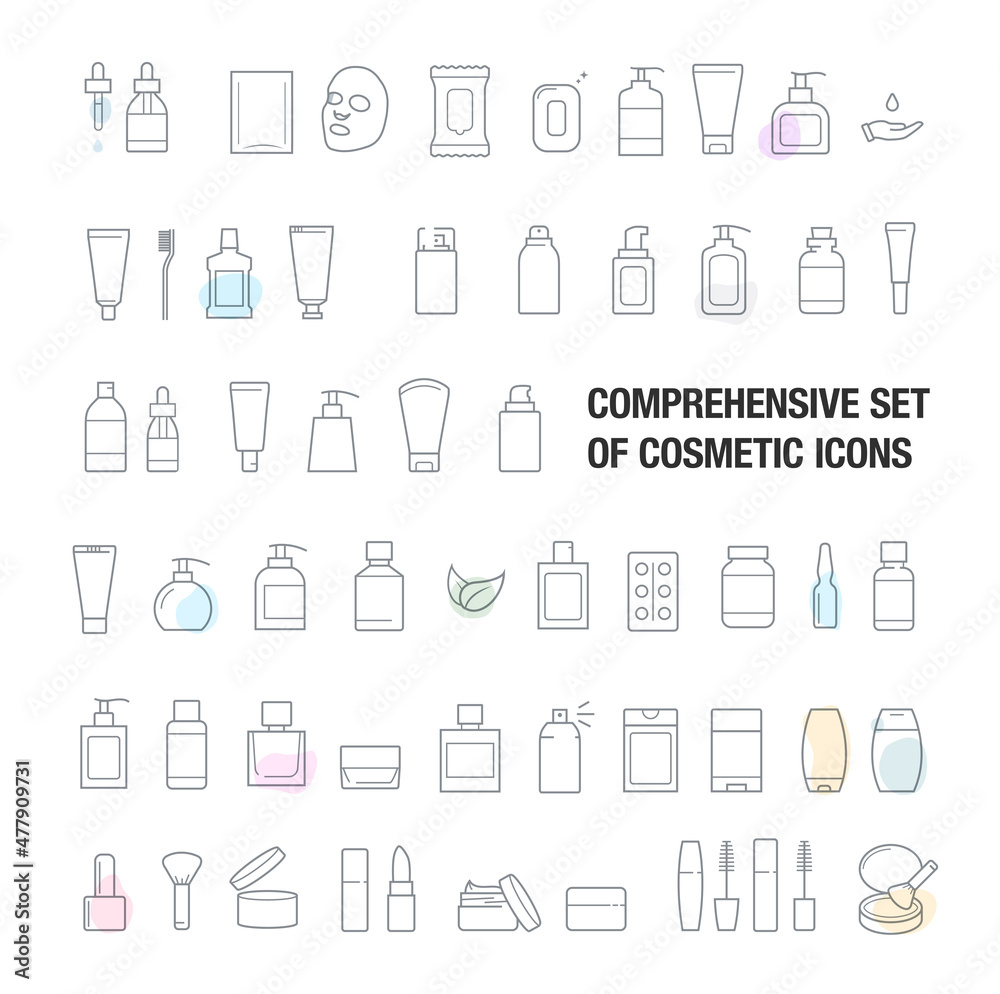 Fototapeta premium Set of cosmetic editable outline icons. A set of icons for cosmetics packages. Сan be used for cosmetic, medical and other needs. Ideal for use in e-commerce, mobile, packaging and etc. EPS10. 