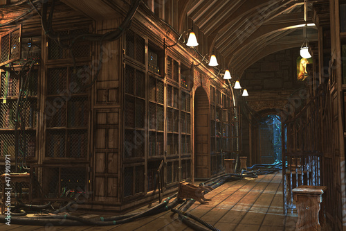 Old library energy preload, complete scene for background. 3D rendering illustration. photo