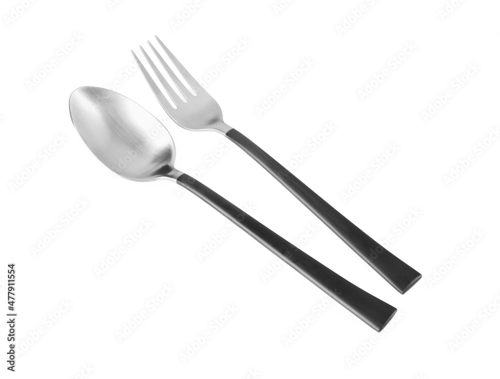 New fork and spoon with black handles on white background New fork and spoon with black handles on white background