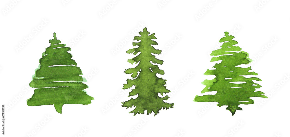 Obraz premium clip art of watercolor illustrations of forest fir trees isolated on white background, postcards, sticker, for designs of pos materials
