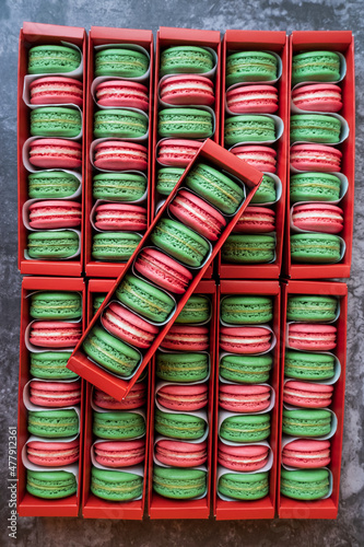 Green and red Macarons in box