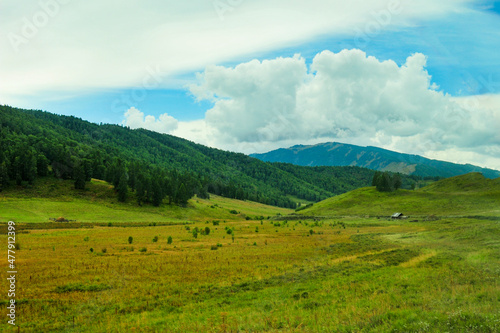 A view of grasslands and pastures taken through the windshield of a tour bus in Xinjiang, China