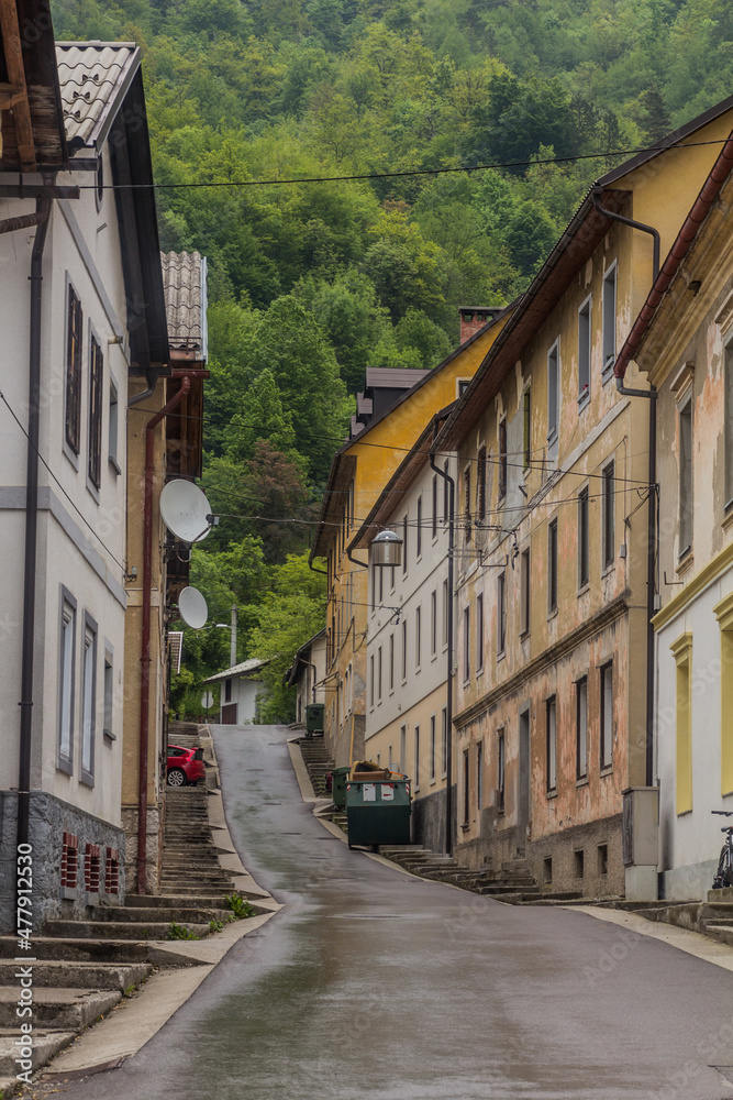 Steep narrow street in Idrija, Slovenia.