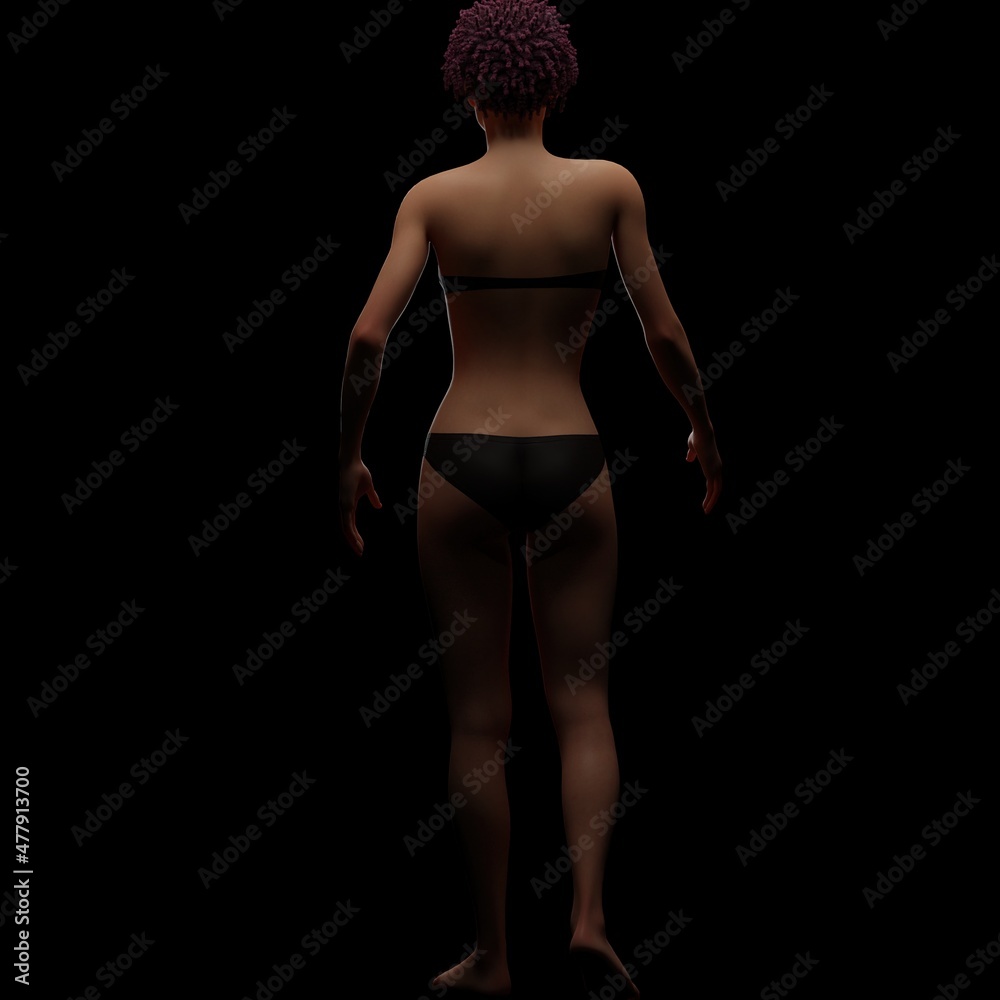 revealed skinny body of a woman in lingerie and purple dreadlocks, 3D illustration on a dark background. revealed skinny body of a woman in lingerie and purple dreadlocks, 3D illustration on a dark background.