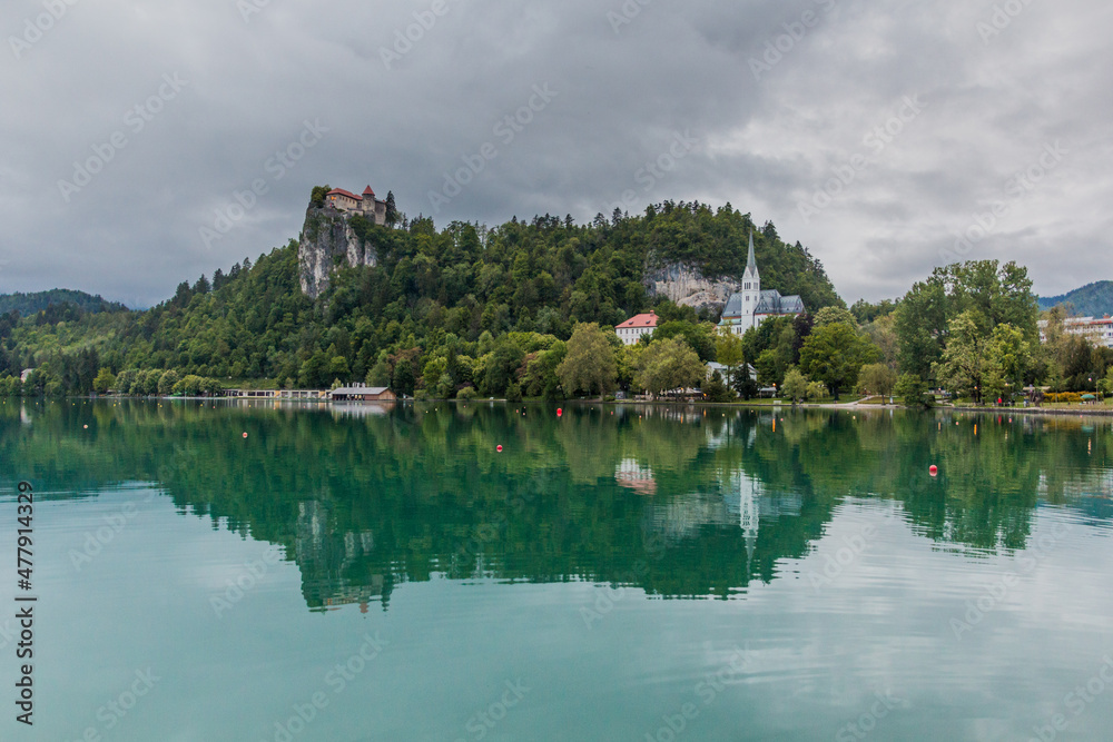  Bled castle reflecting in Bled lake, Slovenia