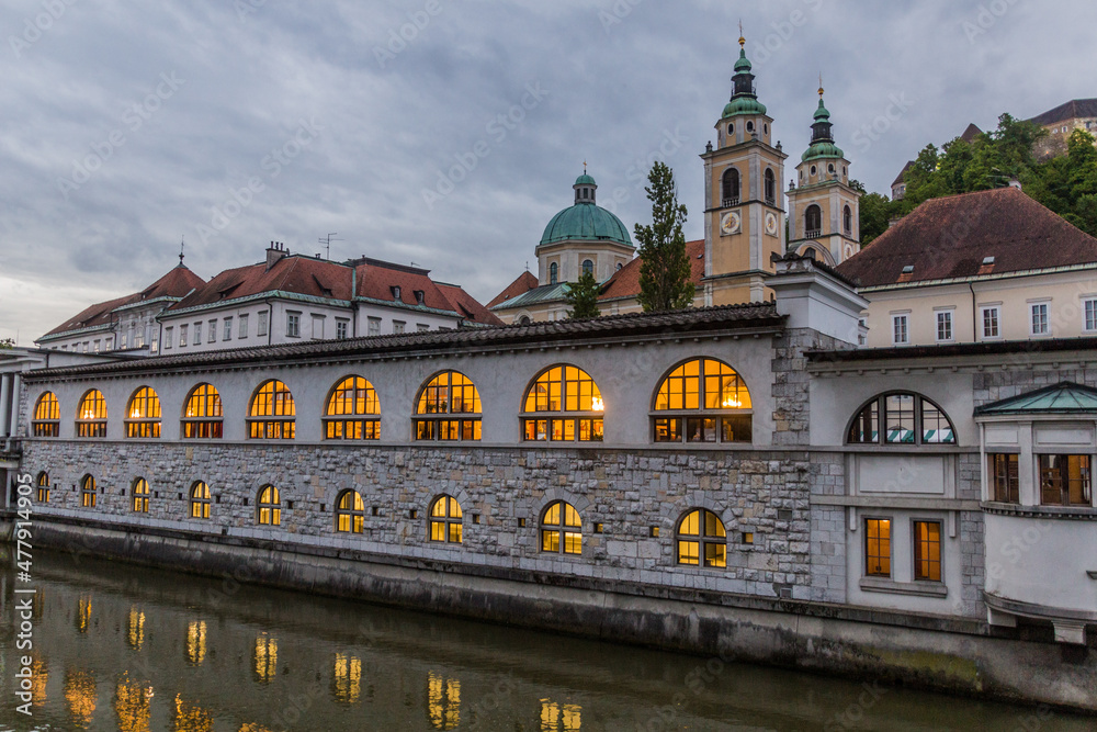 Obraz premium Plecnik arcade market building reflecting in Ljubljanica river in Ljubljana, Slovenia