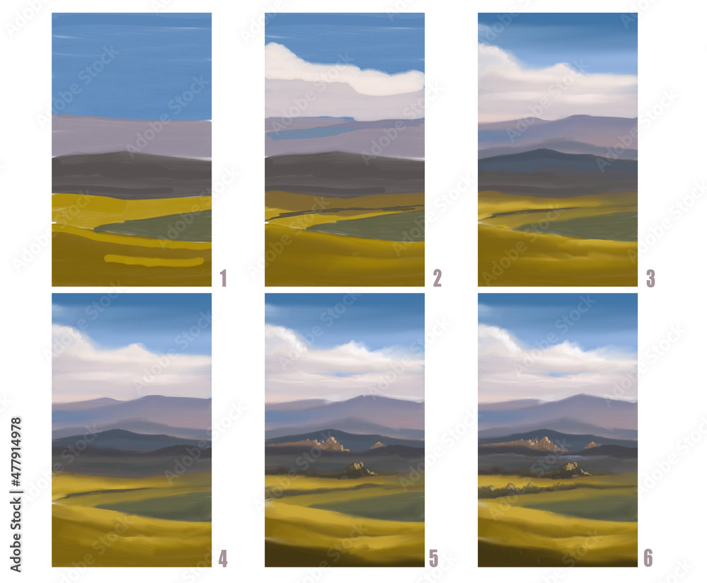 Tutorial how to create landscape step by step oil painting. Hand painted digital landscape illustration for developing skills. 