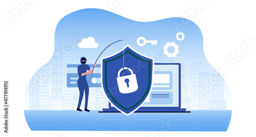 Phishing scam, hacker crime attack and personal data security concept. Hacker try to unlock the key on computer and phishing account, stealing password. cyber security vector illustration
