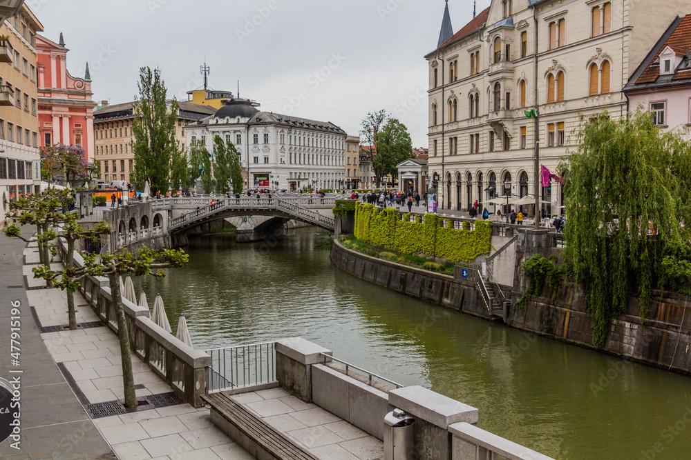 LJUBLJANA, SLOVENIA - MAY 14, 2019: Ljubljanica river in Ljubljana, Slovenia