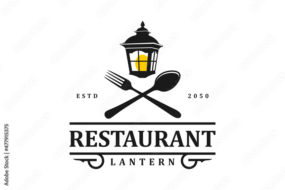 Lantern Post, Classic Street Lamp with Fork Restaurant Vintage Logo design vector