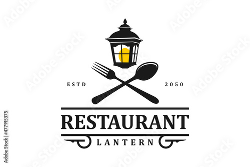 Lantern Post, Classic Street Lamp with Fork Restaurant Vintage Logo design vector © Erd.Concept