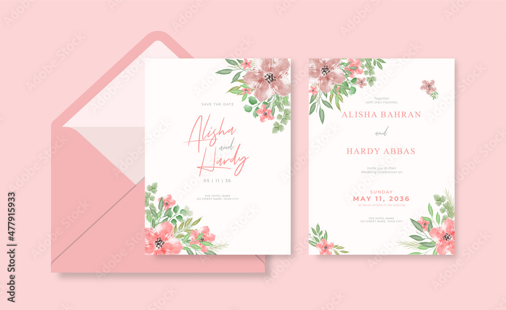 Romantic watercolor wedding invitation template with envelope