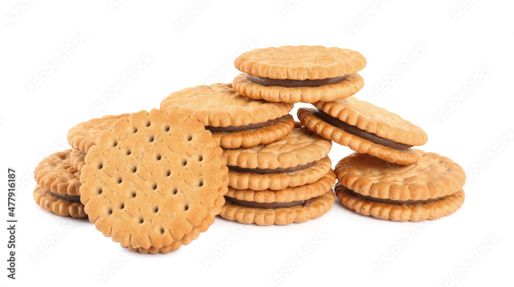 Tasty sandwich cookies with chocolate cream on white background Tasty sandwich cookies with chocolate cream on white background