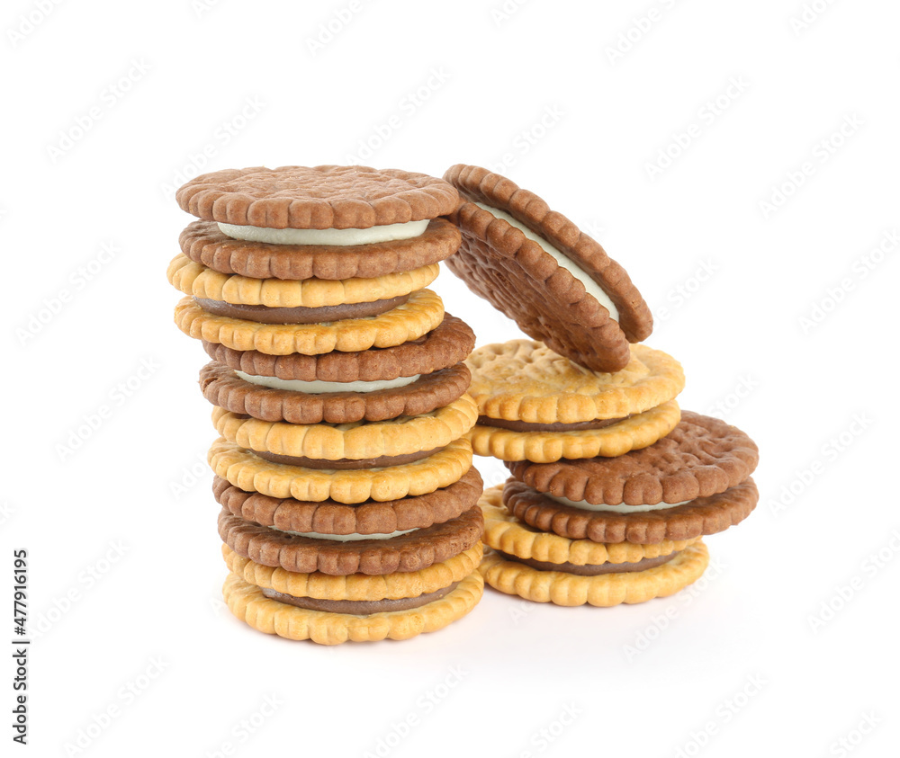 Different tasty sandwich cookies with cream on white background Different tasty sandwich cookies with cream on white background