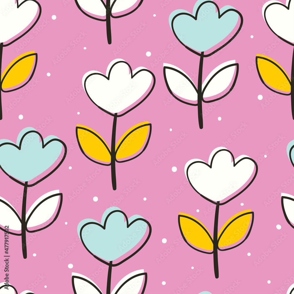 seamless pattern cartoon flower and leaves. spring wallpaper for fabric print, gift wrapping paper