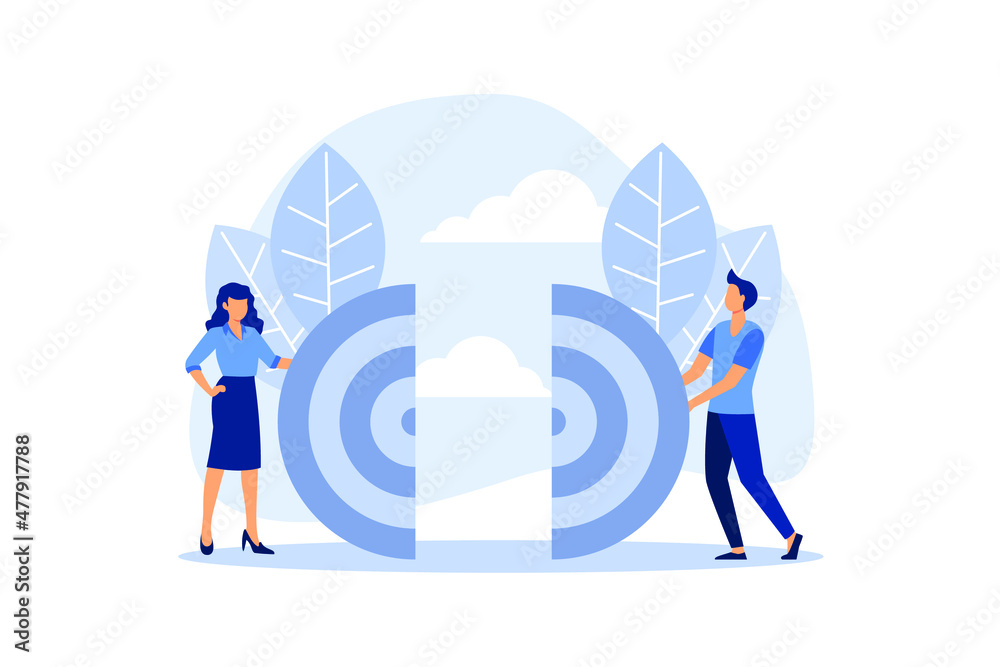 Business concept. Two businessmen pushing target. Team works to reach goal. Vector illustration flat style design. Connecting piece part. Symbol of working together, cooperation, partnership vector Business concept. Two businessmen pushing target. Team works to reach goal. Vector illustration flat style design. Connecting piece part. Symbol of working together, cooperation, partnership vector