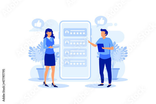 Customer Review Concept, Showing Different people give a review rating, Suitable for landing page, ui, web, App intro card, editorial, flyer,and banner flat modern design illustration