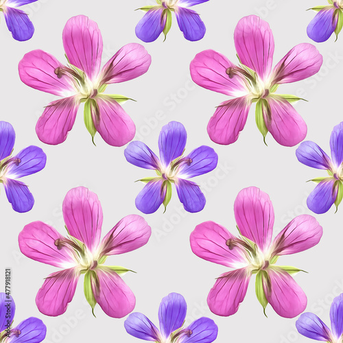 Forest geranium. Illustration, texture of flowers. Seamless pattern for continuous replication. Floral background, photo collage for textile, cotton fabric. For wallpaper, covers, print.