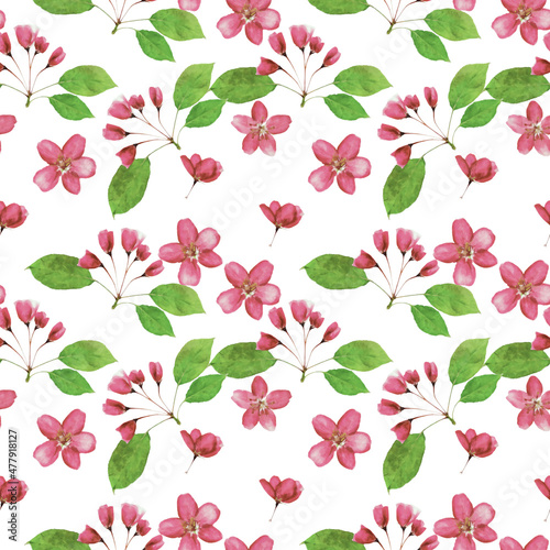 Apple flowers. Illustration, texture of flowers. Seamless pattern for continuous replication. Floral background, photo collage for textile, cotton fabric. For wallpaper, covers, print.
